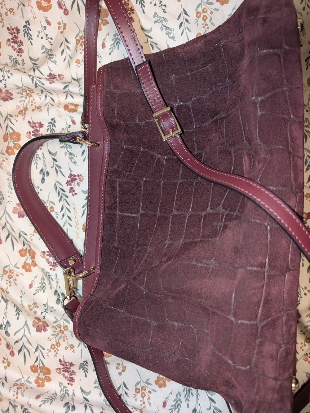 Authentic Cheval Firenze Suede Croc-Embossed Shoulder Bag in Deep Burgundy